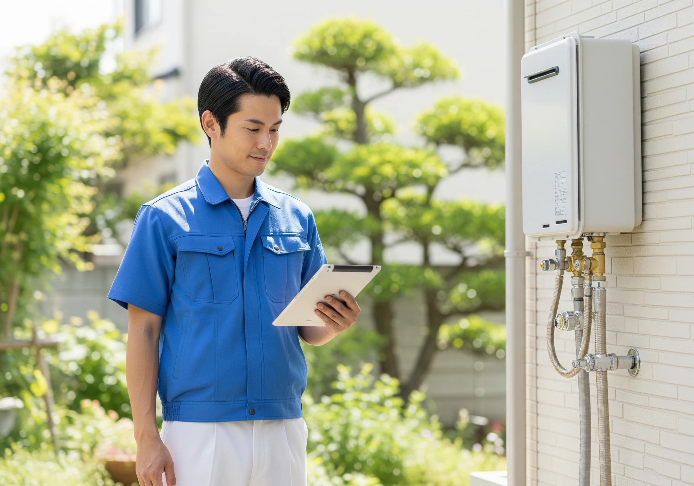 給湯器を点検する技術スタッフ